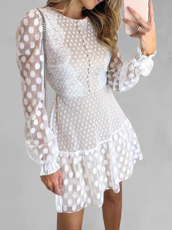 Dress- Romantic Polka Dot Mini Dress with Lantern Sleeves- White- IndioGear Fashion and Gear