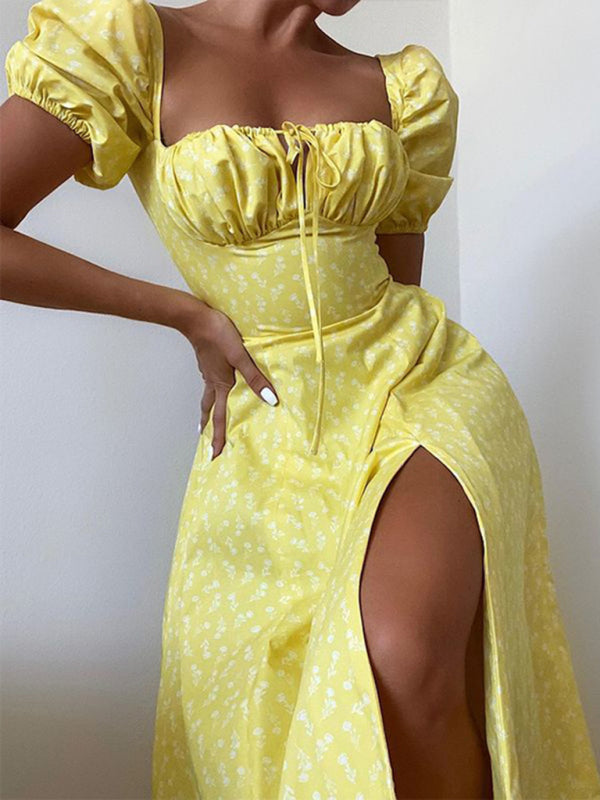 Dress- Romantic Vacation Dress with Adjustable Square Neck and Puff Sleeves- Yellow- IndioGear Fashion and Gear