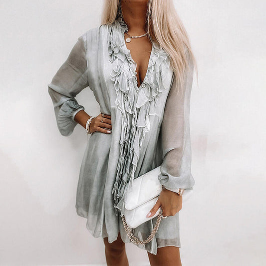 Dress- Seductive and Chic Mini Dress with Lantern Sleeves- Grey green- IndioGear Fashion and Gear