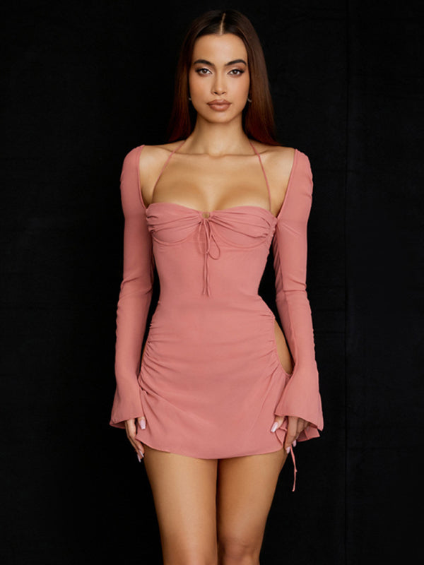 Dress- Sexy Mini Dress with Deep Neckline and Bell Sleeves- - IndioGear Fashion and Gear