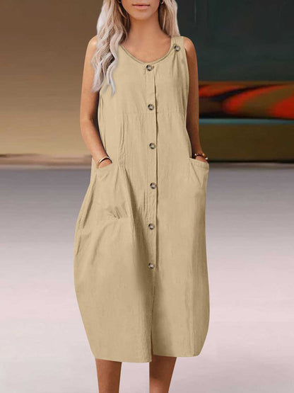 Dress- Solid Cotton Button Tank Dress- Khaki- IndioGear Fashion and Gear