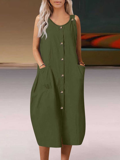 Dress- Solid Cotton Button Tank Dress- Olive green- IndioGear Fashion and Gear