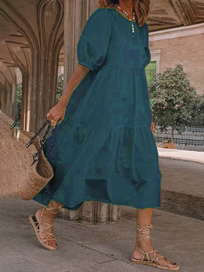 Dress- Solid Cotton Casual A-Line Tiered Midi Dress- Green black jasper- IndioGear Fashion and Gear