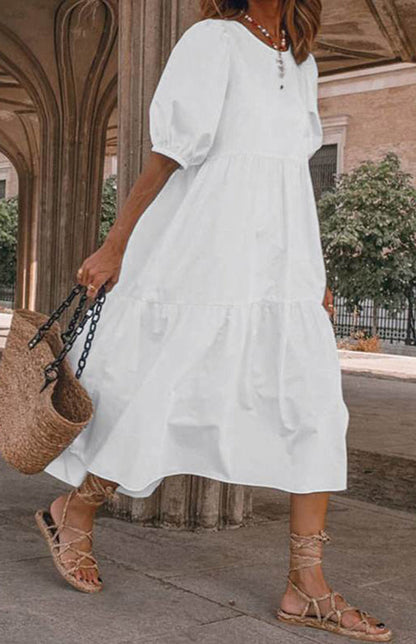 Dress- Solid Cotton Casual A-Line Tiered Midi Dress- - IndioGear Fashion and Gear