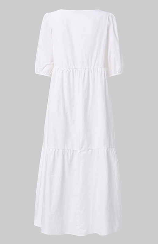 Dress- Solid Cotton Casual A-Line Tiered Midi Dress- - IndioGear Fashion and Gear