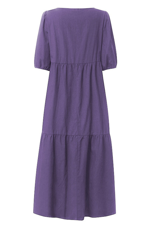 Dress- Solid Cotton Casual A-Line Tiered Midi Dress- - IndioGear Fashion and Gear