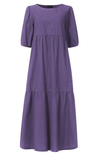 Dress- Solid Cotton Casual A-Line Tiered Midi Dress- - IndioGear Fashion and Gear