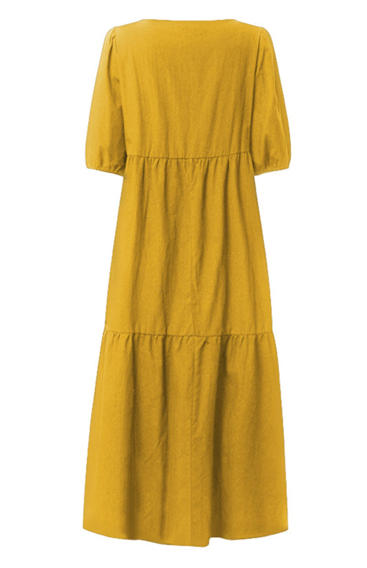 Dress- Solid Cotton Casual A-Line Tiered Midi Dress- - IndioGear Fashion and Gear