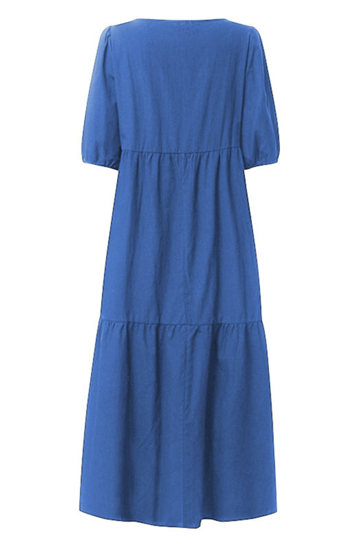 Dress- Solid Cotton Casual A-Line Tiered Midi Dress- - IndioGear Fashion and Gear