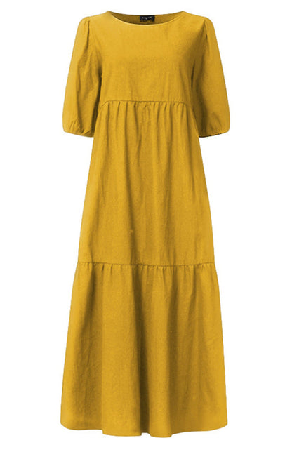 Dress- Solid Cotton Casual A-Line Tiered Midi Dress- - IndioGear Fashion and Gear