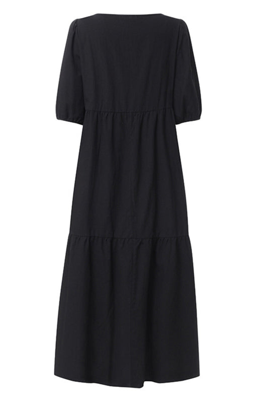 Dress- Solid Cotton Casual A-Line Tiered Midi Dress- - IndioGear Fashion and Gear