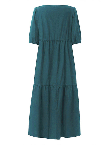 Dress- Solid Cotton Casual A-Line Tiered Midi Dress- - IndioGear Fashion and Gear