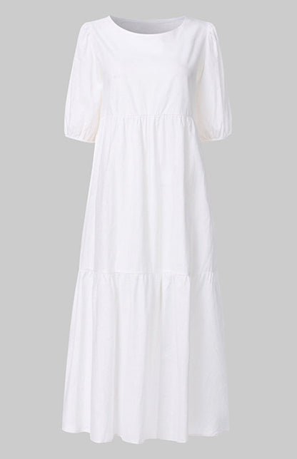 Dress- Solid Cotton Casual A-Line Tiered Midi Dress- Raw white off white- IndioGear Fashion and Gear