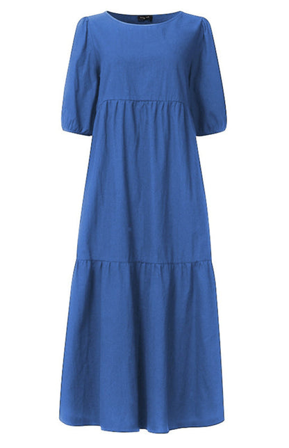 Dress- Solid Cotton Casual A-Line Tiered Midi Dress- - IndioGear Fashion and Gear