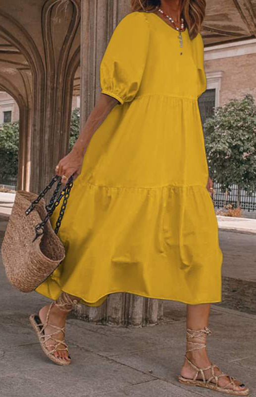 Dress- Solid Cotton Casual A-Line Tiered Midi Dress- Yellow- IndioGear Fashion and Gear