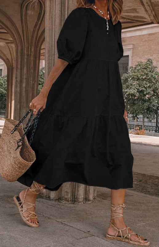 Dress- Solid Cotton Casual A-Line Tiered Midi Dress- Black- IndioGear Fashion and Gear