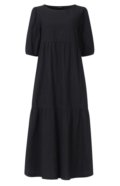 Dress- Solid Cotton Casual A-Line Tiered Midi Dress- - IndioGear Fashion and Gear