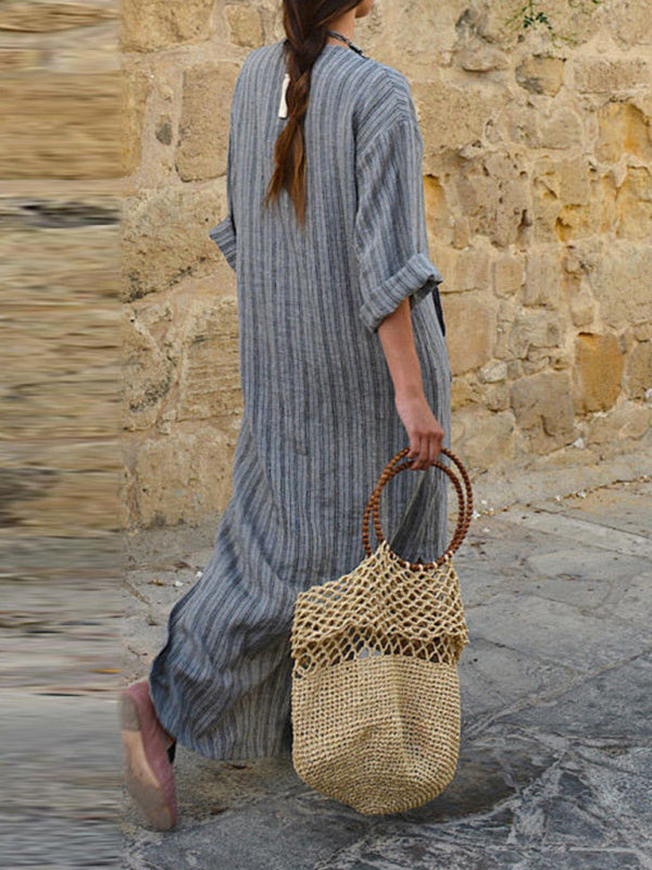 Dress- Solid Cotton Yarn-Dyed Striped Tunic Dress- - IndioGear Fashion and Gear