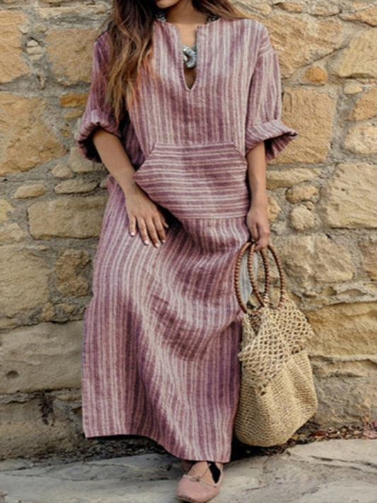 Dress- Solid Cotton Yarn-Dyed Striped Tunic Dress- Dark Red- IndioGear Fashion and Gear