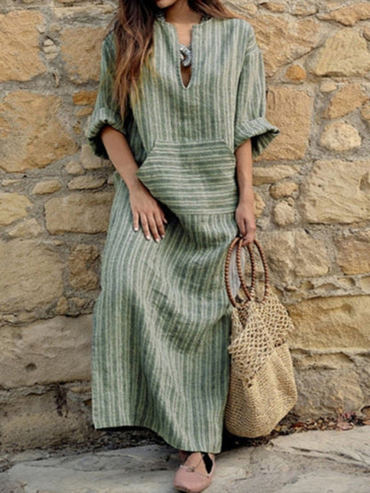 Dress- Solid Cotton Yarn-Dyed Striped Tunic Dress- Green- IndioGear Fashion and Gear