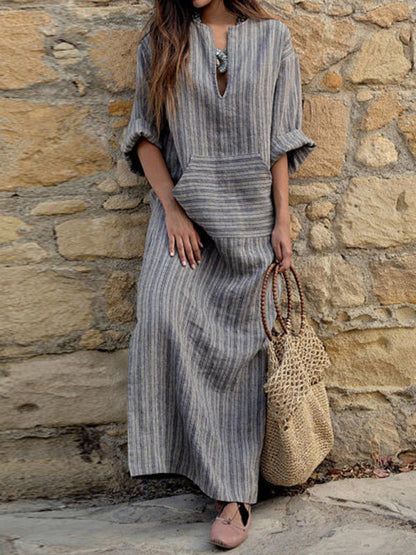 Dress- Solid Cotton Yarn-Dyed Striped Tunic Dress- Grey- IndioGear Fashion and Gear