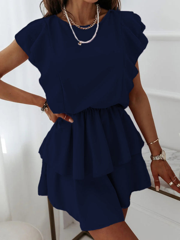 Dress- Solid Double Layer Ruffle Short Sleeve Dress- Blue- IndioGear Fashion and Gear