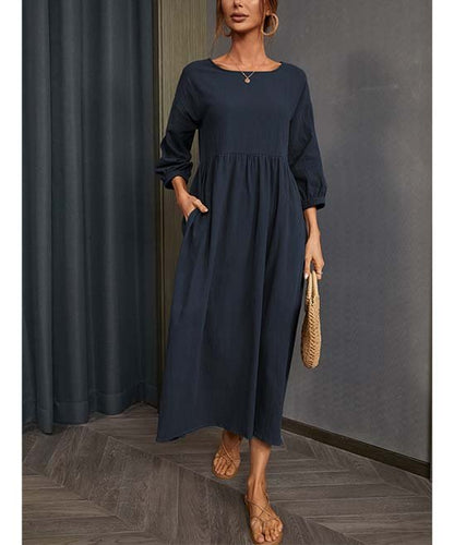 Dress- Solid Flowy Round Neck 3/4 Sleeve Midi Dress- - IndioGear Fashion and Gear