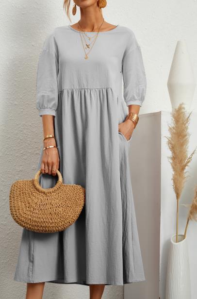 Dress- Solid Flowy Round Neck 3/4 Sleeve Midi Dress- Grey- IndioGear Fashion and Gear