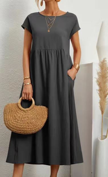 Dress- Solid Flowy Round Neck 3/4 Sleeve Midi Dress- Charcoal grey- IndioGear Fashion and Gear