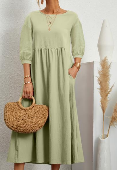 Dress- Solid Flowy Round Neck 3/4 Sleeve Midi Dress- Pale green- IndioGear Fashion and Gear