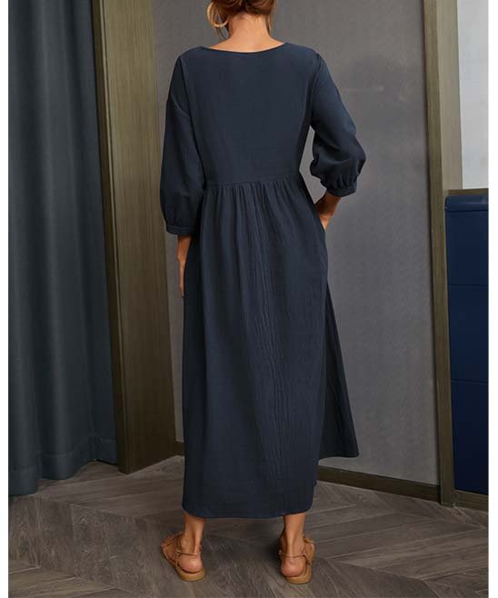 Dress- Solid Flowy Round Neck 3/4 Sleeve Midi Dress- - IndioGear Fashion and Gear