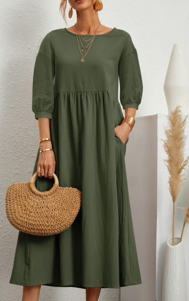 Dress- Solid Flowy Round Neck 3/4 Sleeve Midi Dress- Green- IndioGear Fashion and Gear