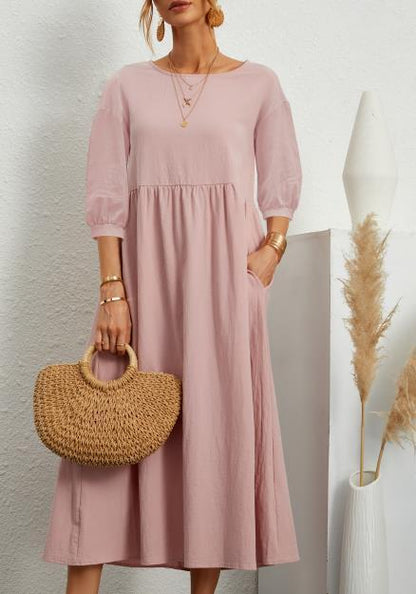 Dress- Solid Flowy Round Neck 3/4 Sleeve Midi Dress- Pink- IndioGear Fashion and Gear