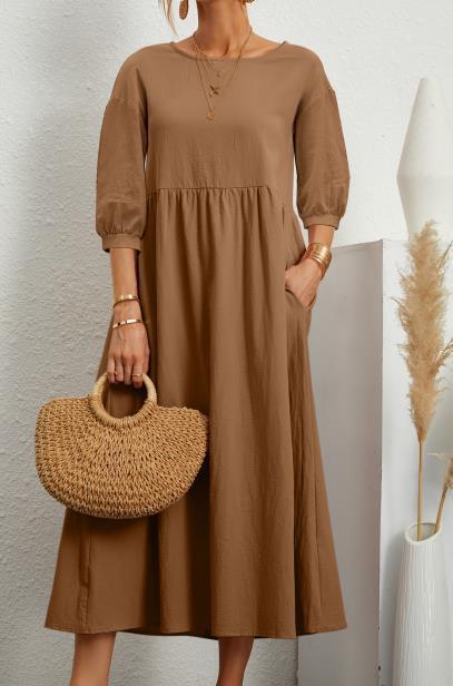 Dress- Solid Flowy Round Neck 3/4 Sleeve Midi Dress- Khaki- IndioGear Fashion and Gear