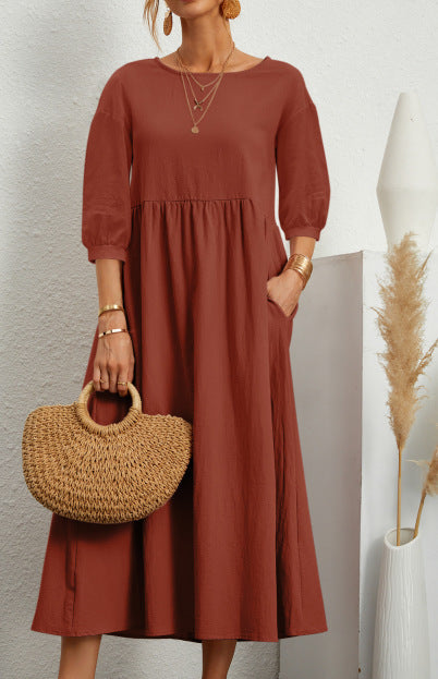 Dress- Solid Flowy Round Neck 3/4 Sleeve Midi Dress- Brown- IndioGear Fashion and Gear