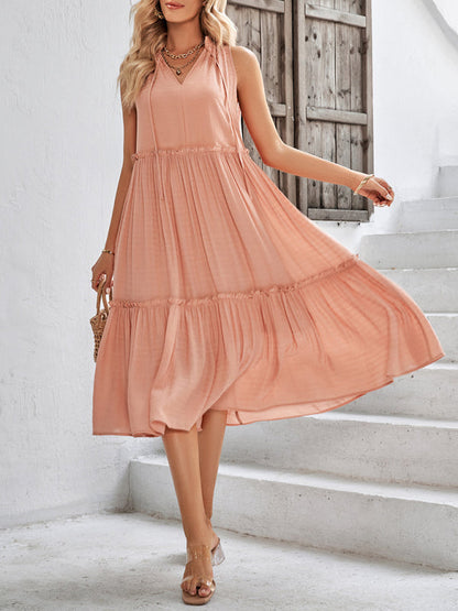 Dress- Solid Flowy Tiered Tie Midi Dress- - IndioGear Fashion and Gear