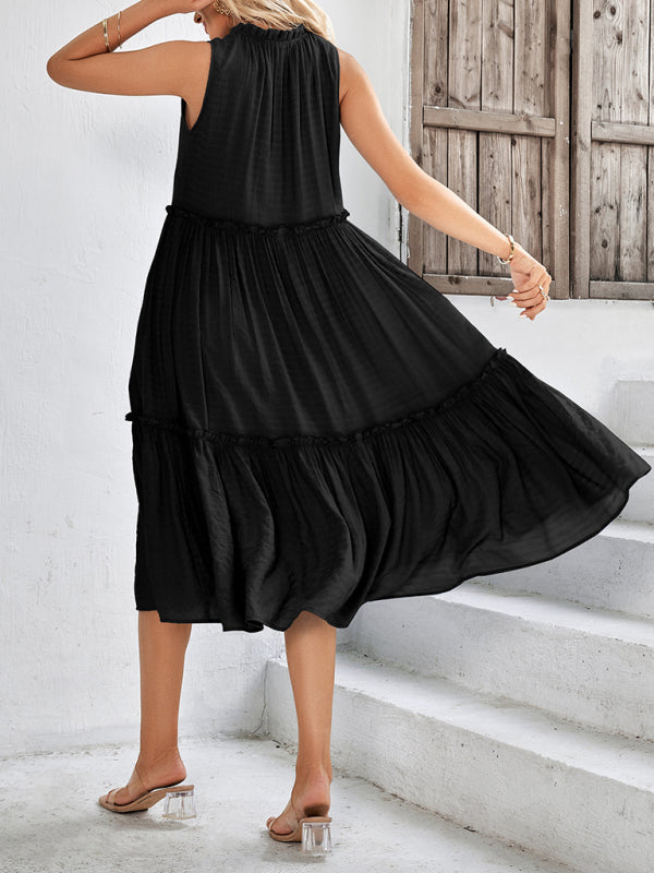 Dress- Solid Flowy Tiered Tie Midi Dress- - IndioGear Fashion and Gear