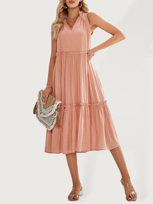 Dress- Solid Flowy Tiered Tie Midi Dress- Pink- IndioGear Fashion and Gear