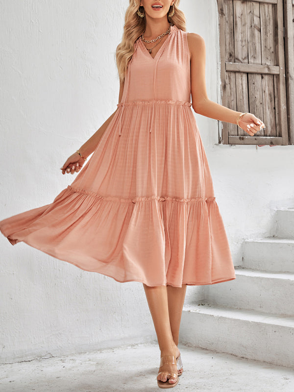 Dress- Solid Flowy Tiered Tie Midi Dress- - IndioGear Fashion and Gear