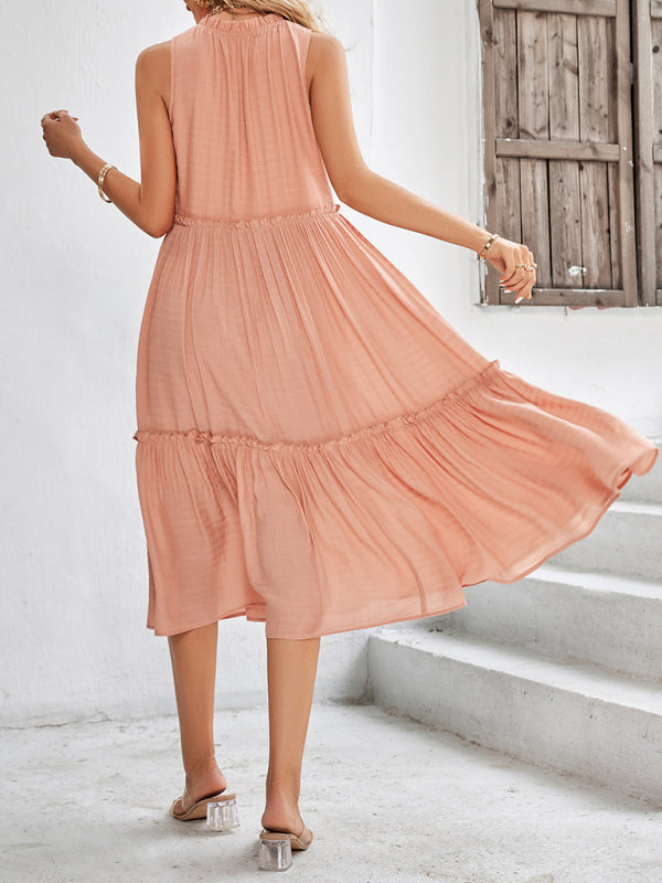 Dress- Solid Flowy Tiered Tie Midi Dress- - IndioGear Fashion and Gear