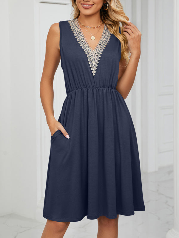 Dress- Solid Lace V-Neck Pocket Tank Dress- Navy blue- IndioGear Fashion and Gear