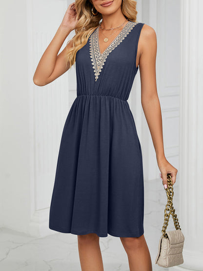 Dress- Solid Lace V-Neck Pocket Tank Dress- - IndioGear Fashion and Gear