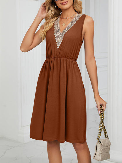 Dress- Solid Lace V-Neck Pocket Tank Dress- - IndioGear Fashion and Gear