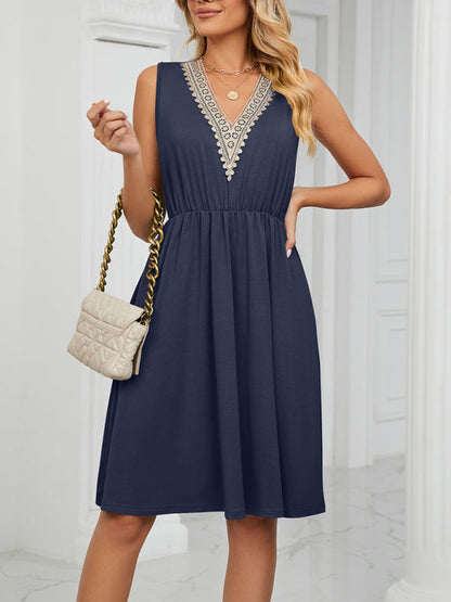 Dress- Solid Lace V-Neck Pocket Tank Dress- - IndioGear Fashion and Gear