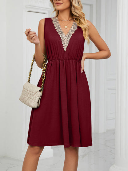 Dress- Solid Lace V-Neck Pocket Tank Dress- - IndioGear Fashion and Gear