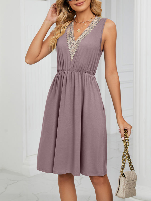 Dress- Solid Lace V-Neck Pocket Tank Dress- - IndioGear Fashion and Gear