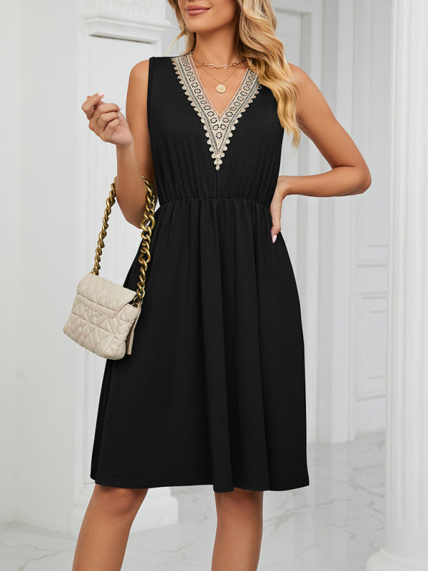 Dress- Solid Lace V-Neck Pocket Tank Dress- - IndioGear Fashion and Gear