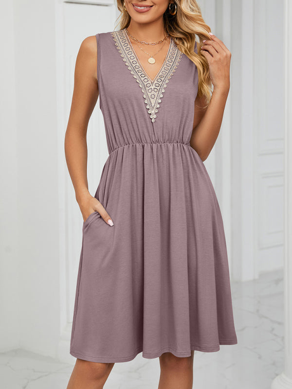 Dress- Solid Lace V-Neck Pocket Tank Dress- Taro color- IndioGear Fashion and Gear