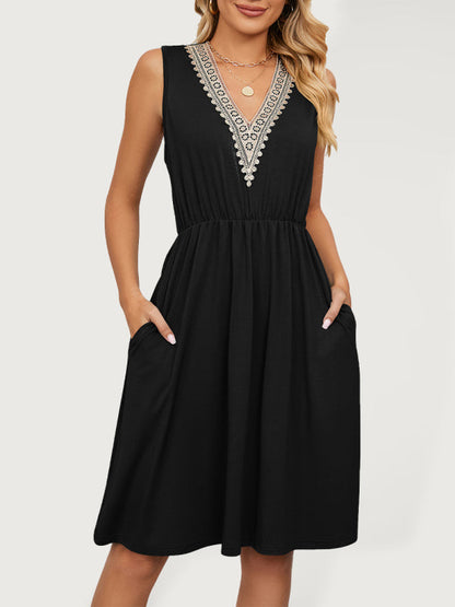 Dress- Solid Lace V-Neck Pocket Tank Dress- Black- IndioGear Fashion and Gear