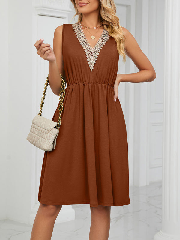 Dress- Solid Lace V-Neck Pocket Tank Dress- caramel- IndioGear Fashion and Gear